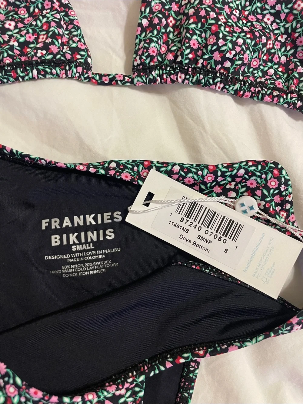 Frankie's Bikinis Triangle Top with Pink & Green Floral Print and Dove Bottom